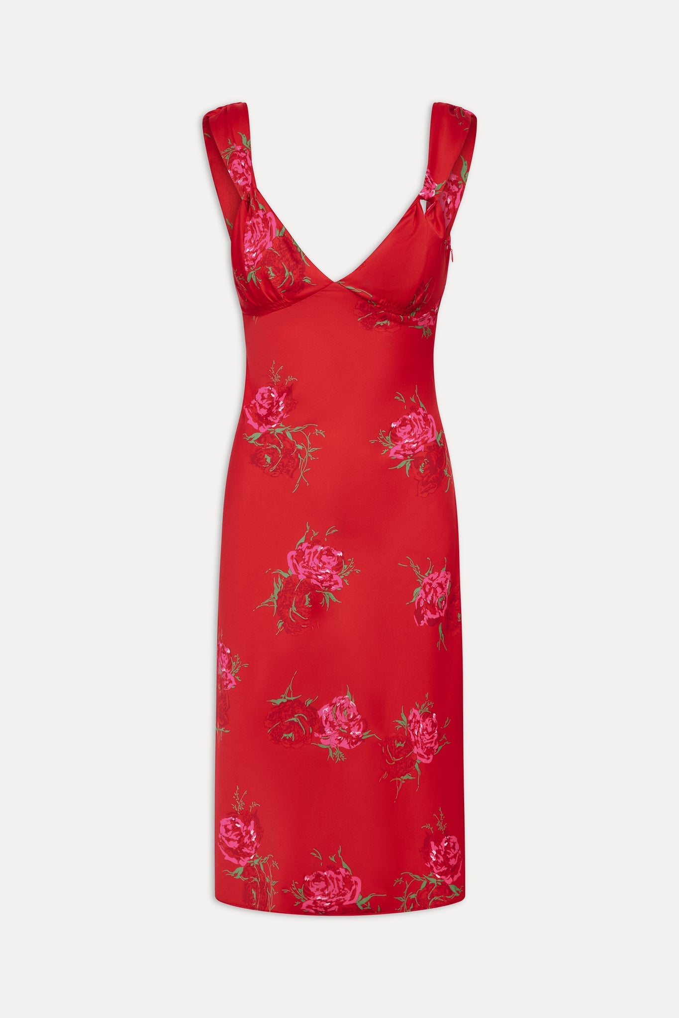 Aurora Satin Floral Midi Dress - Red Rose Brushstroke