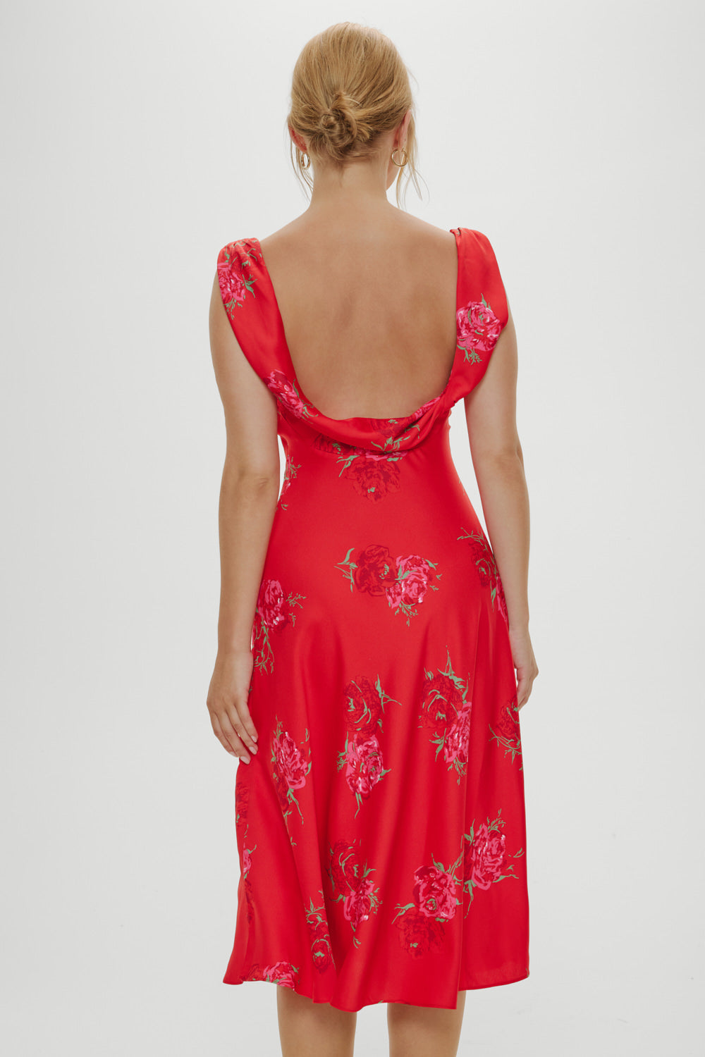 Aurora Satin Floral Midi Dress - Red Rose Brushstroke