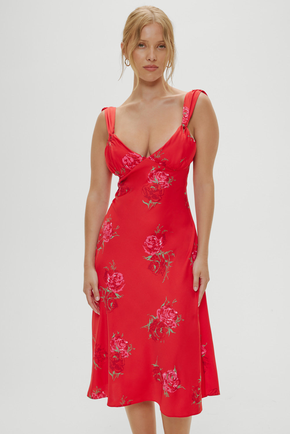 Aurora Satin Floral Midi Dress - Red Rose Brushstroke