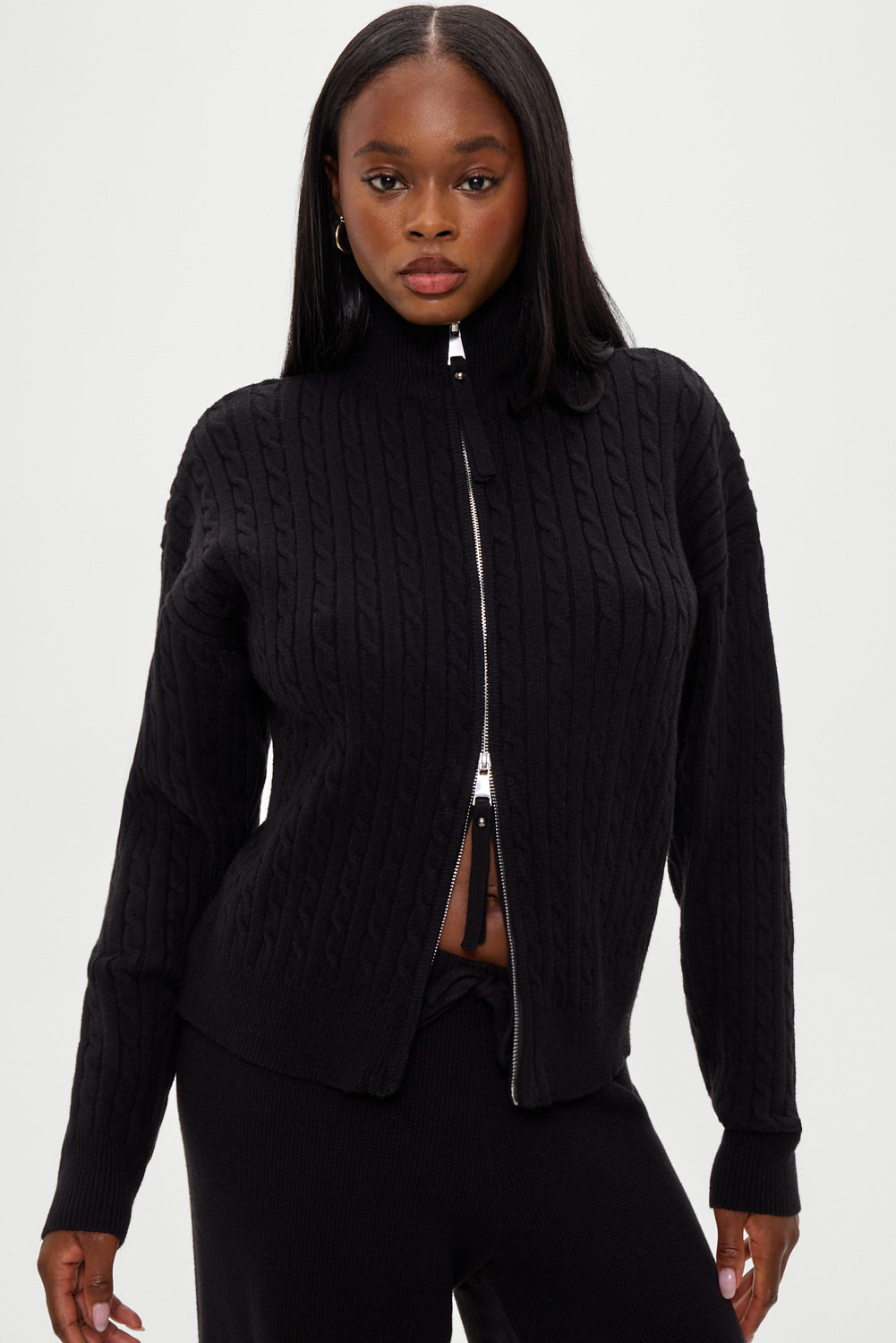 Bea Cloud Knit Zip Up Sweater - Black